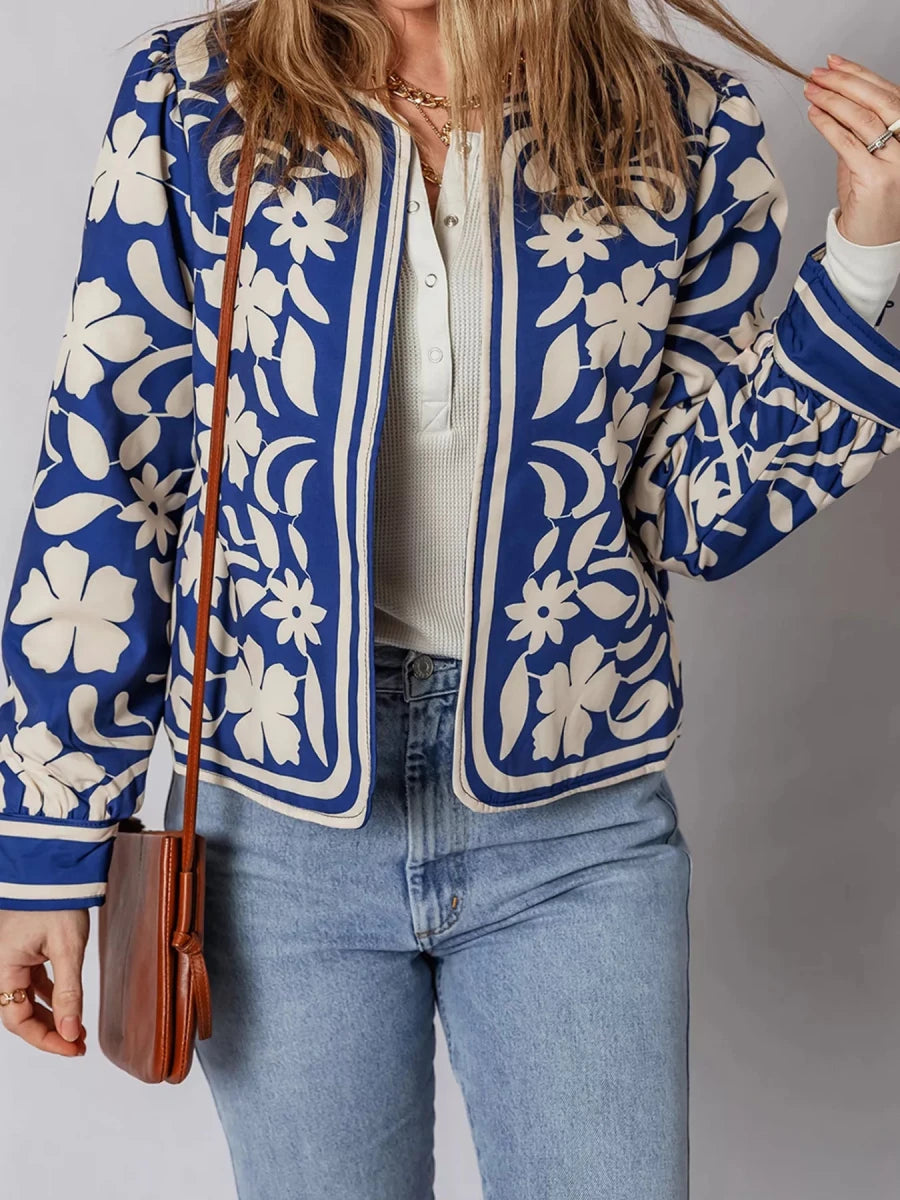 Floral Print Button Jacket with Cuffs - 