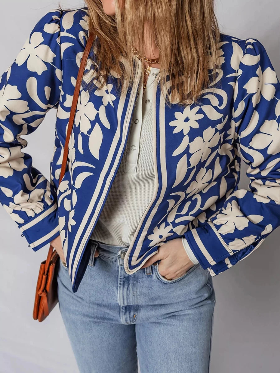 Floral Print Button Jacket with Cuffs - 