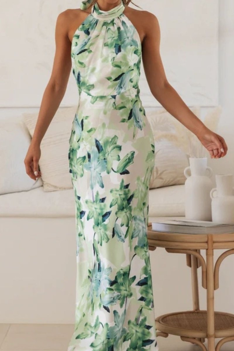Floral Print Halter Neck Maxi Dress - 