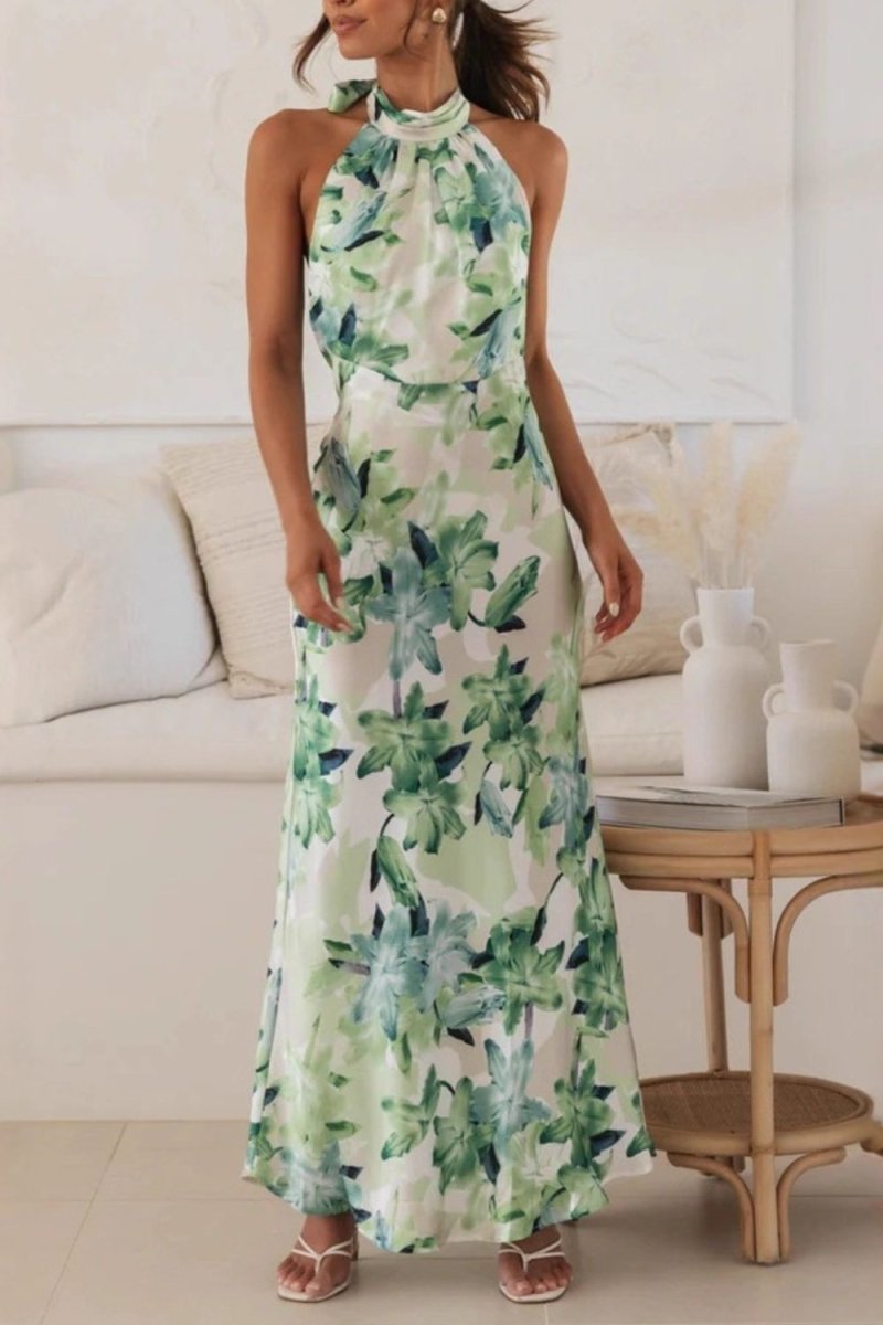 Floral Print Halter Neck Maxi Dress - 
