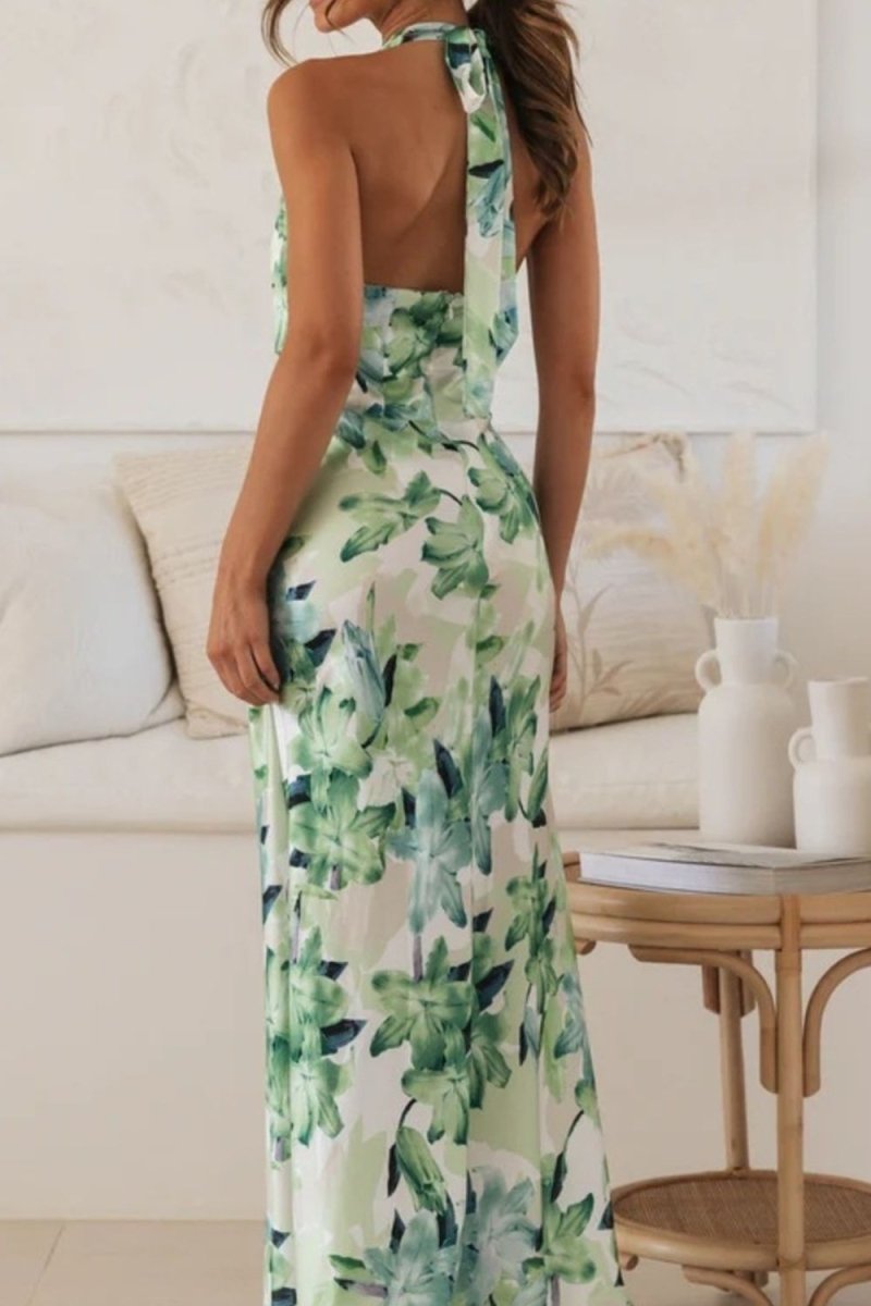 Floral Print Halter Neck Maxi Dress - 