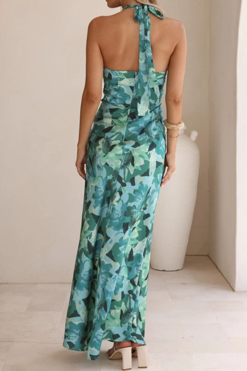 Floral Print Halter Neck Maxi Dress - 
