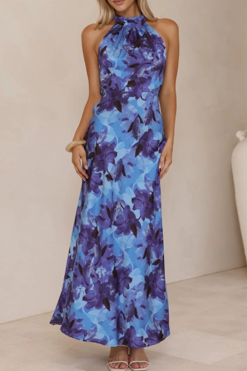 Floral Print Halter Neck Maxi Dress - 