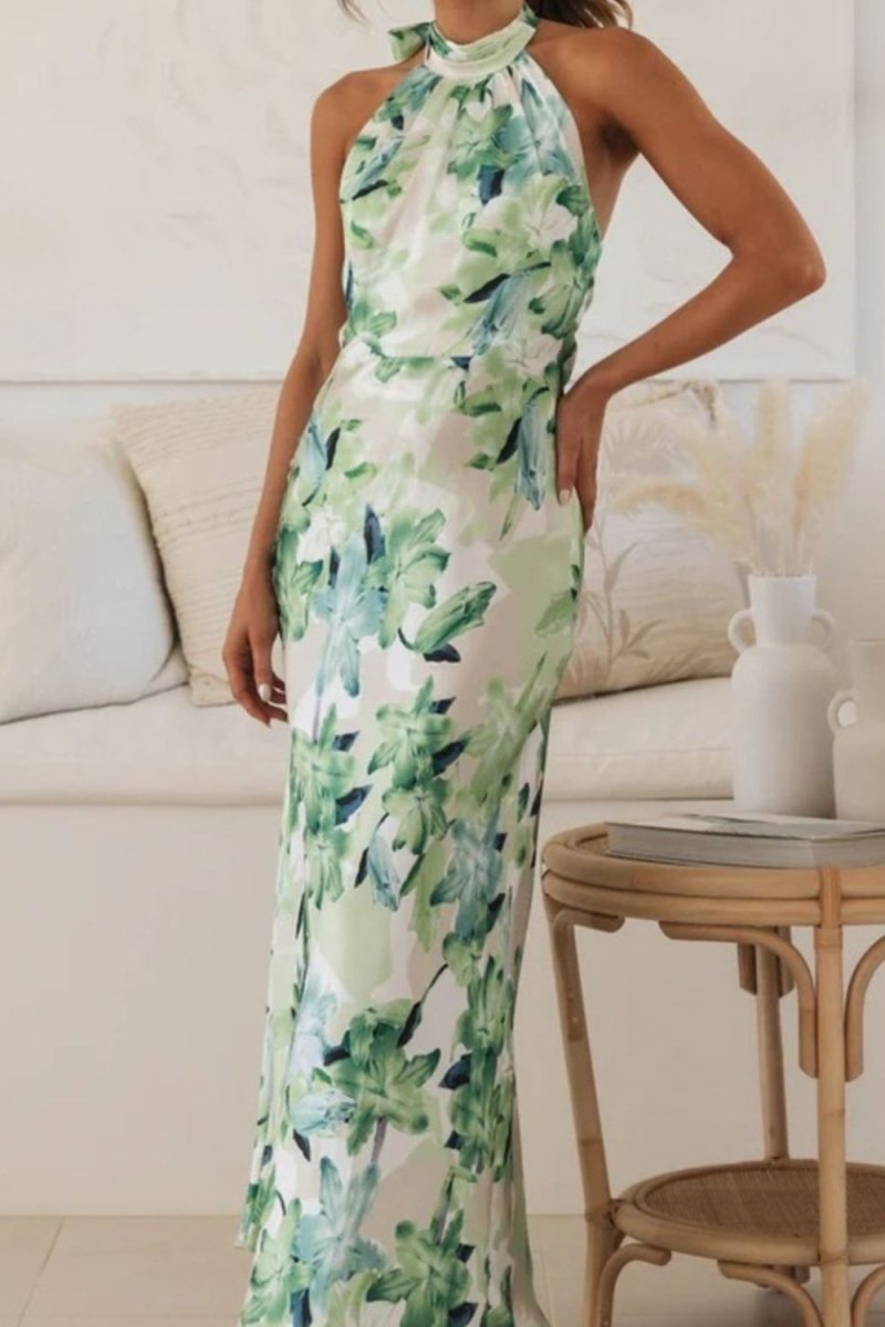 Floral Print Halter Neck Maxi Dress - 