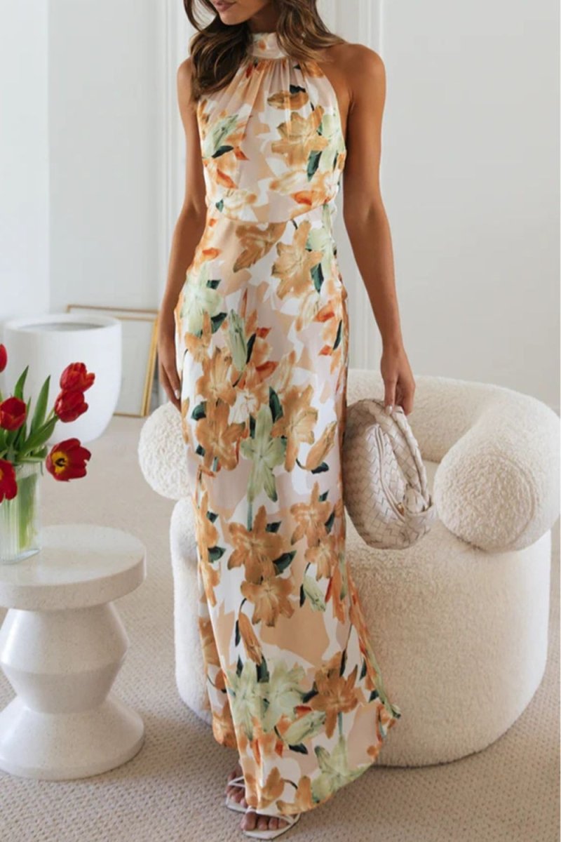 Floral Print Halter Neck Maxi Dress - 