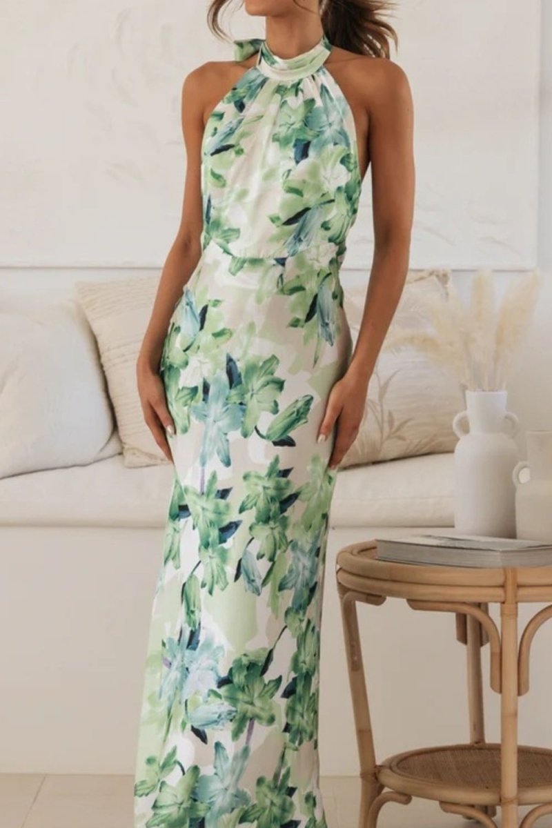 Floral Print Halter Neck Maxi Dress - 