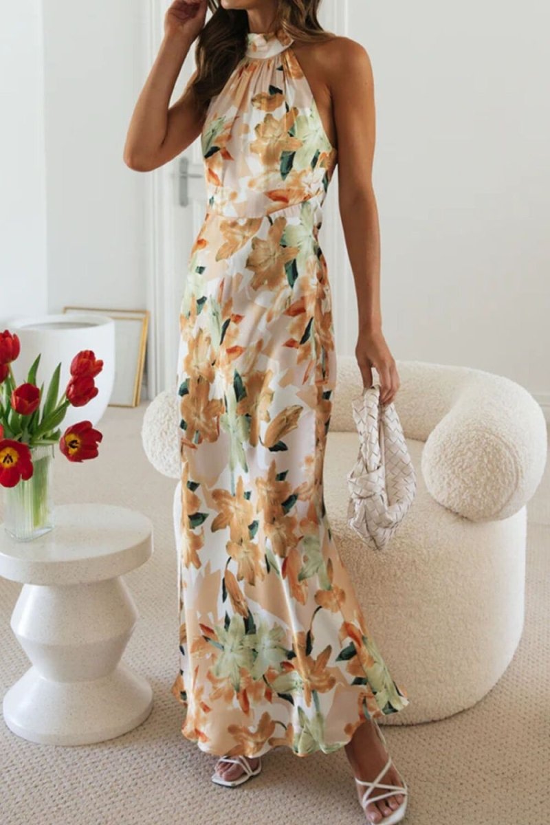 Floral Print Halter Neck Maxi Dress - 