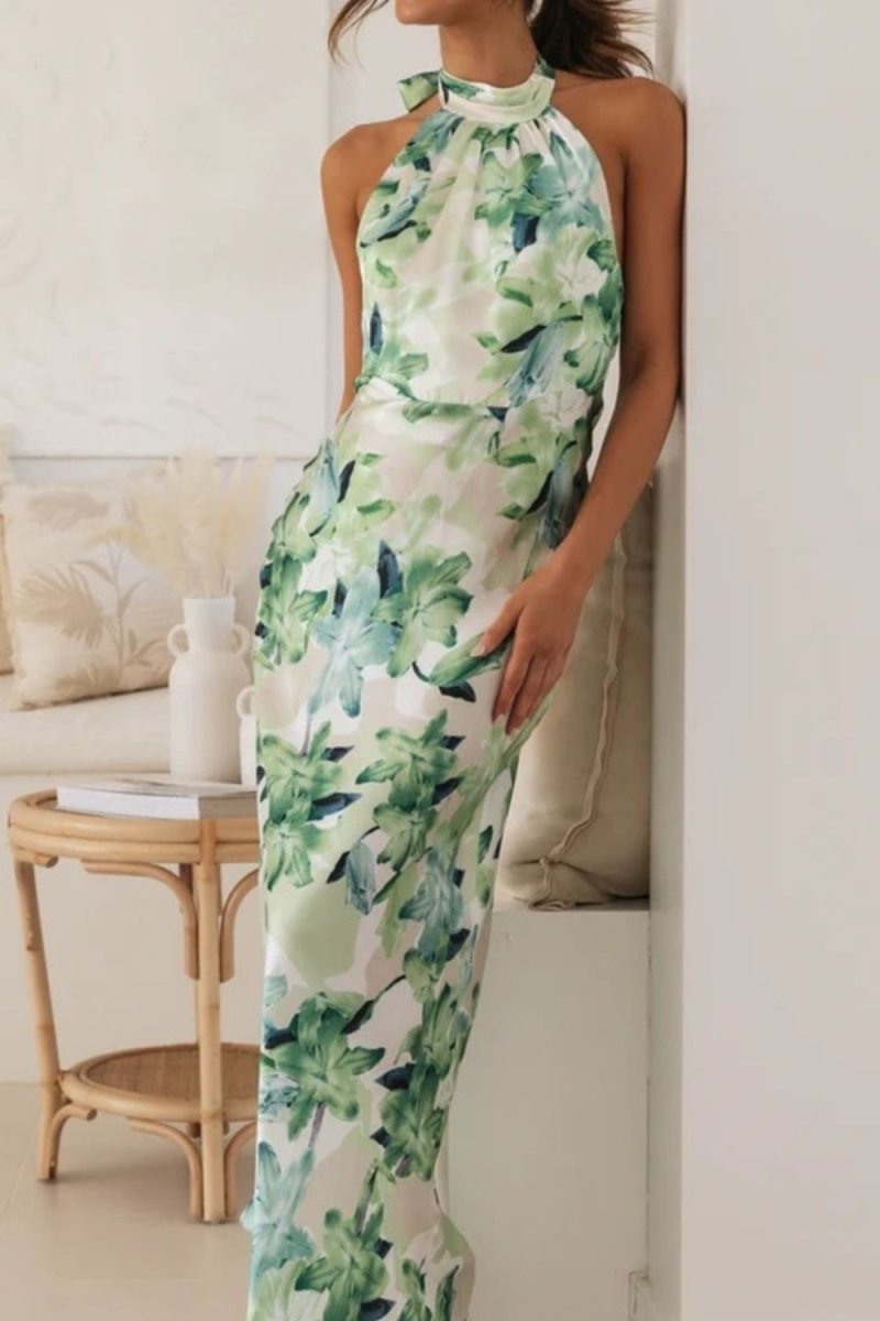 Floral Print Halter Neck Maxi Dress - 