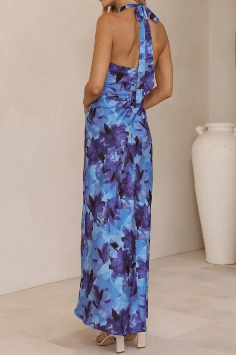 Floral Print Halter Neck Maxi Dress - 