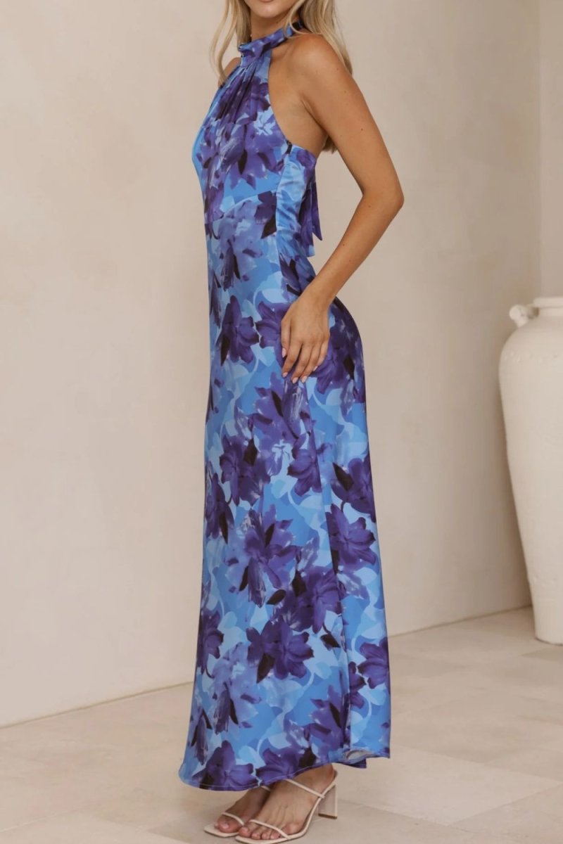 Floral Print Halter Neck Maxi Dress - 
