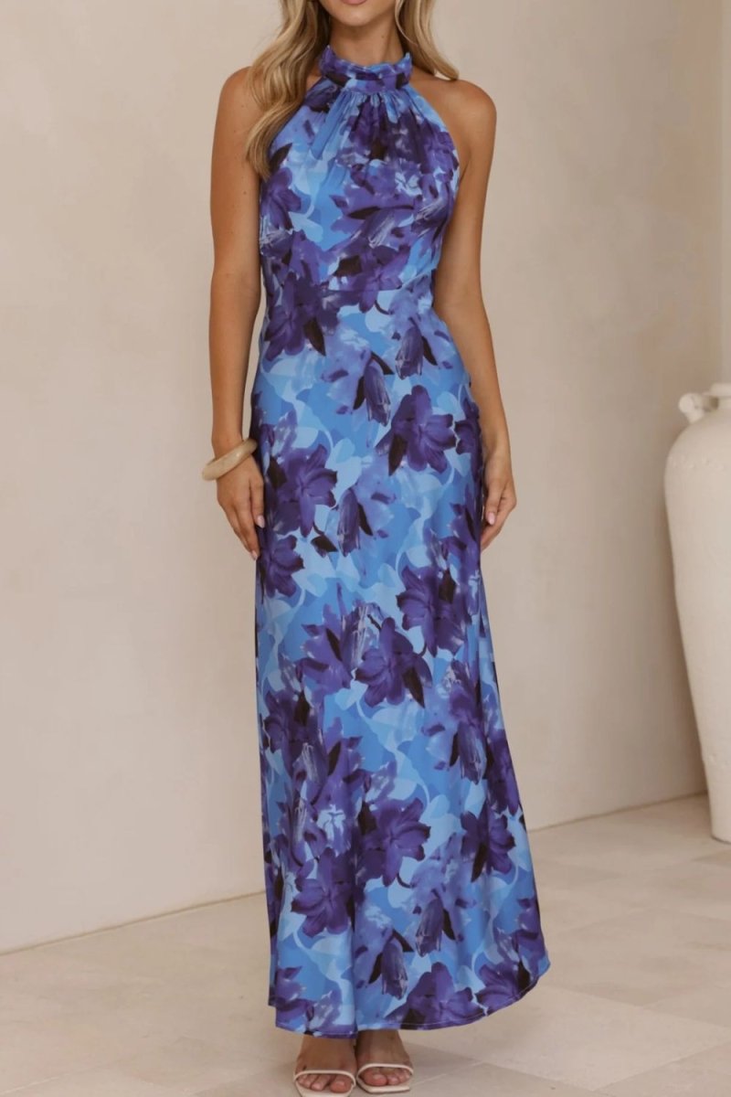 Floral Print Halter Neck Maxi Dress - 