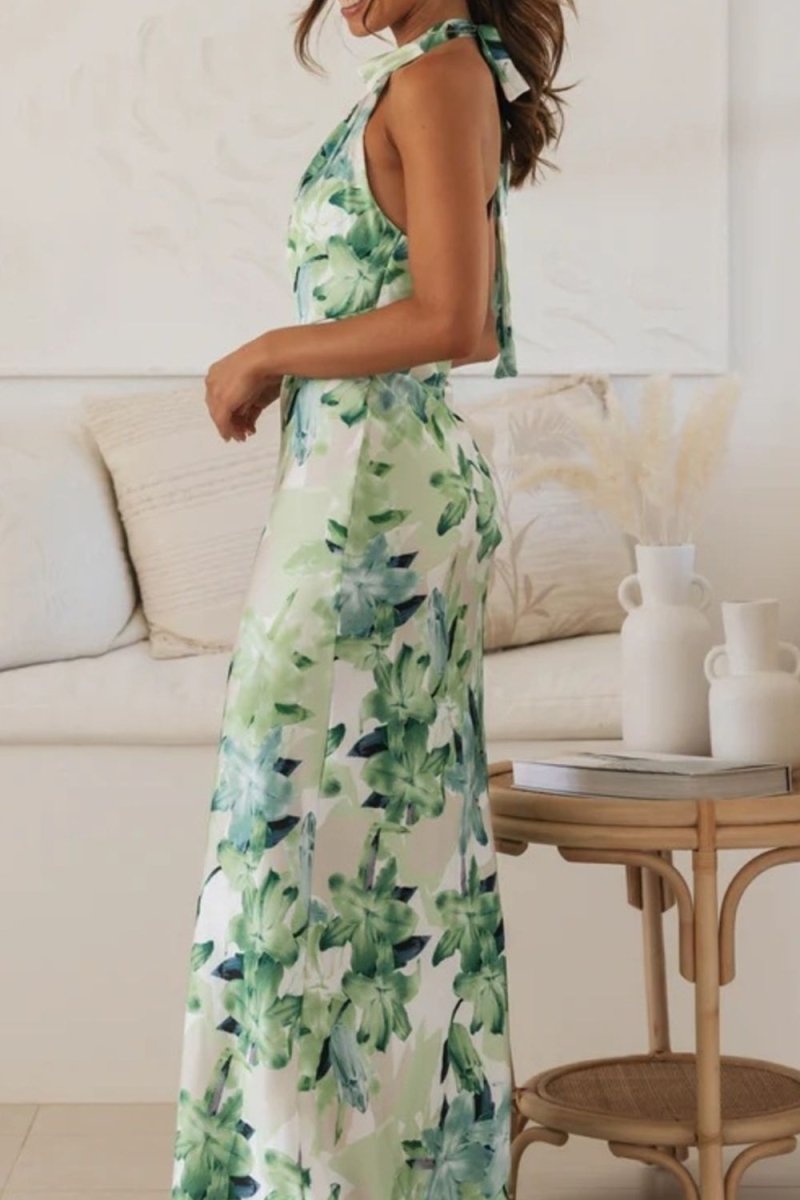 Floral Print Halter Neck Maxi Dress - 