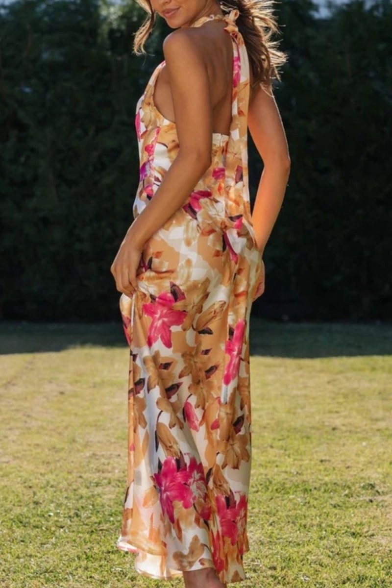 Floral Print Halter Neck Maxi Dress - 