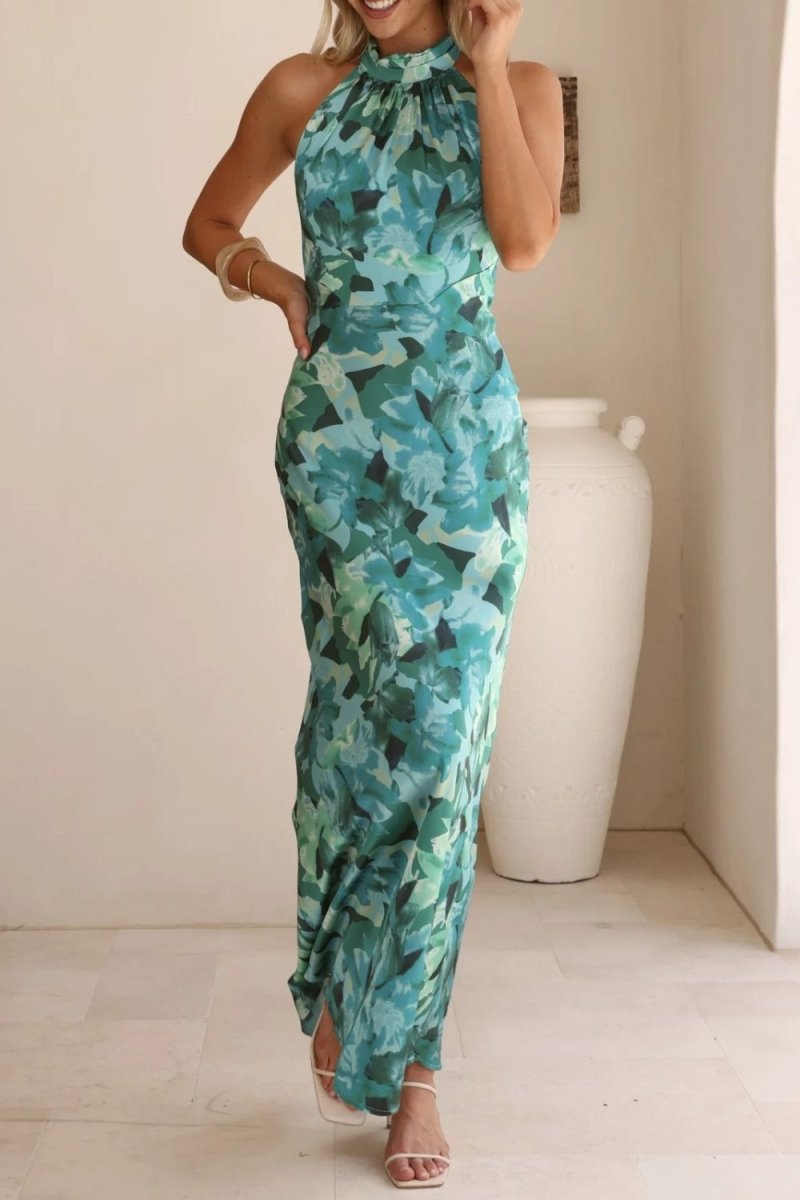 Floral Print Halter Neck Maxi Dress - 