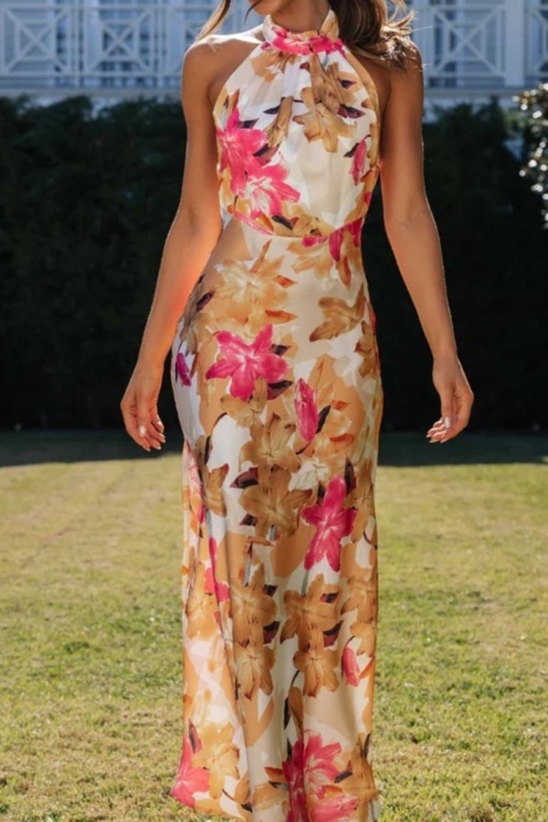 Floral Print Halter Neck Maxi Dress - 