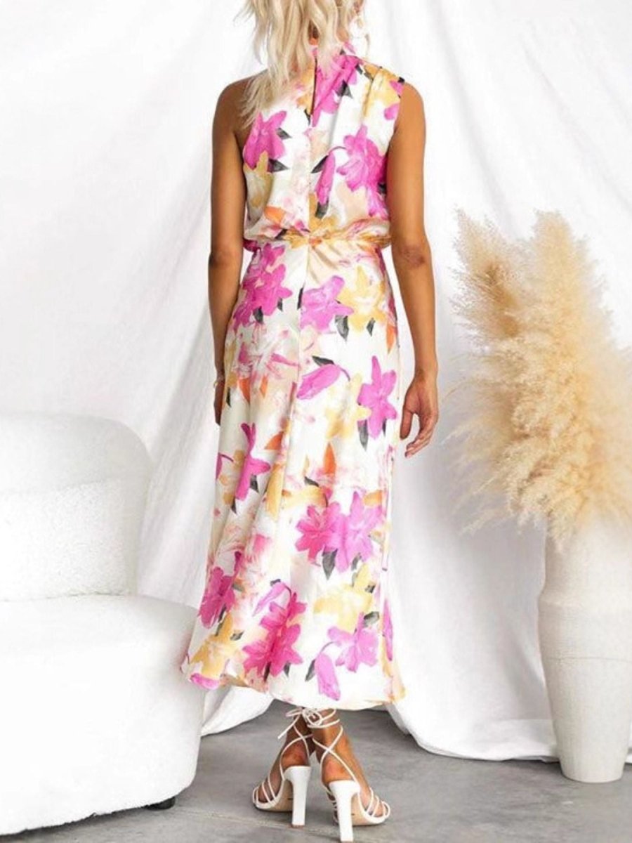 Floral Print High Neck Sleeveless Midi Dress - 