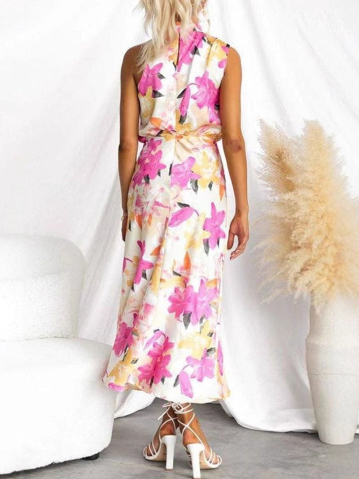 Floral Print High Neck Sleeveless Midi Dress - 