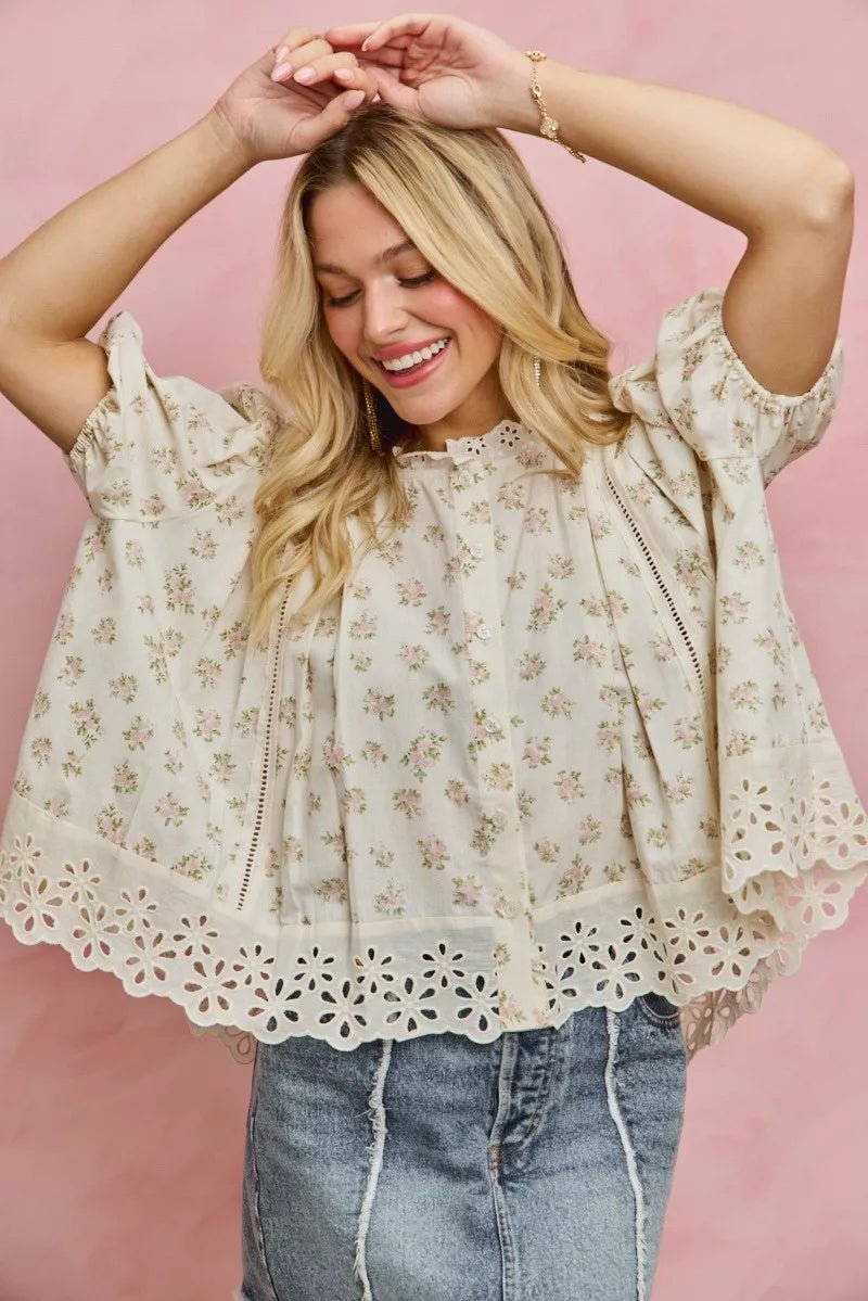 Floral Print Lace Trim Blouse - 
