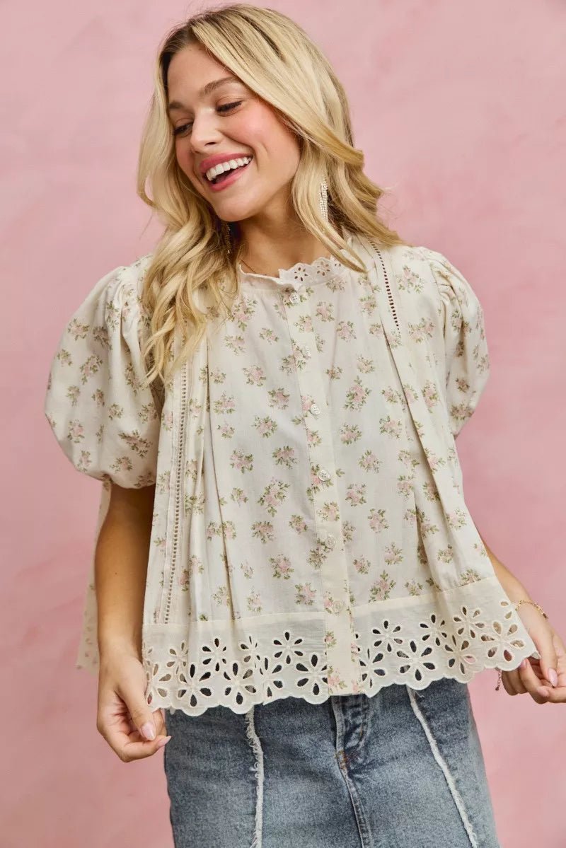 Floral Print Lace Trim Blouse - 