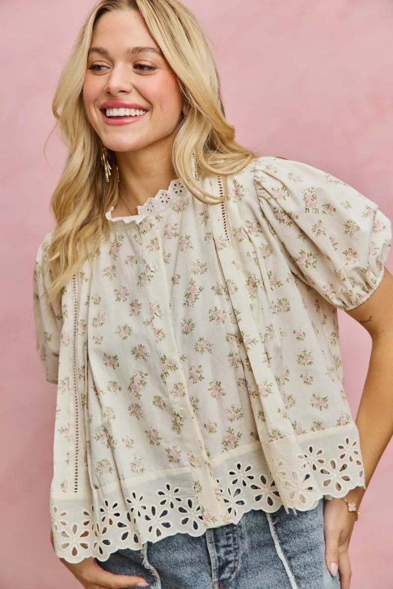 Floral Print Lace Trim Blouse - 