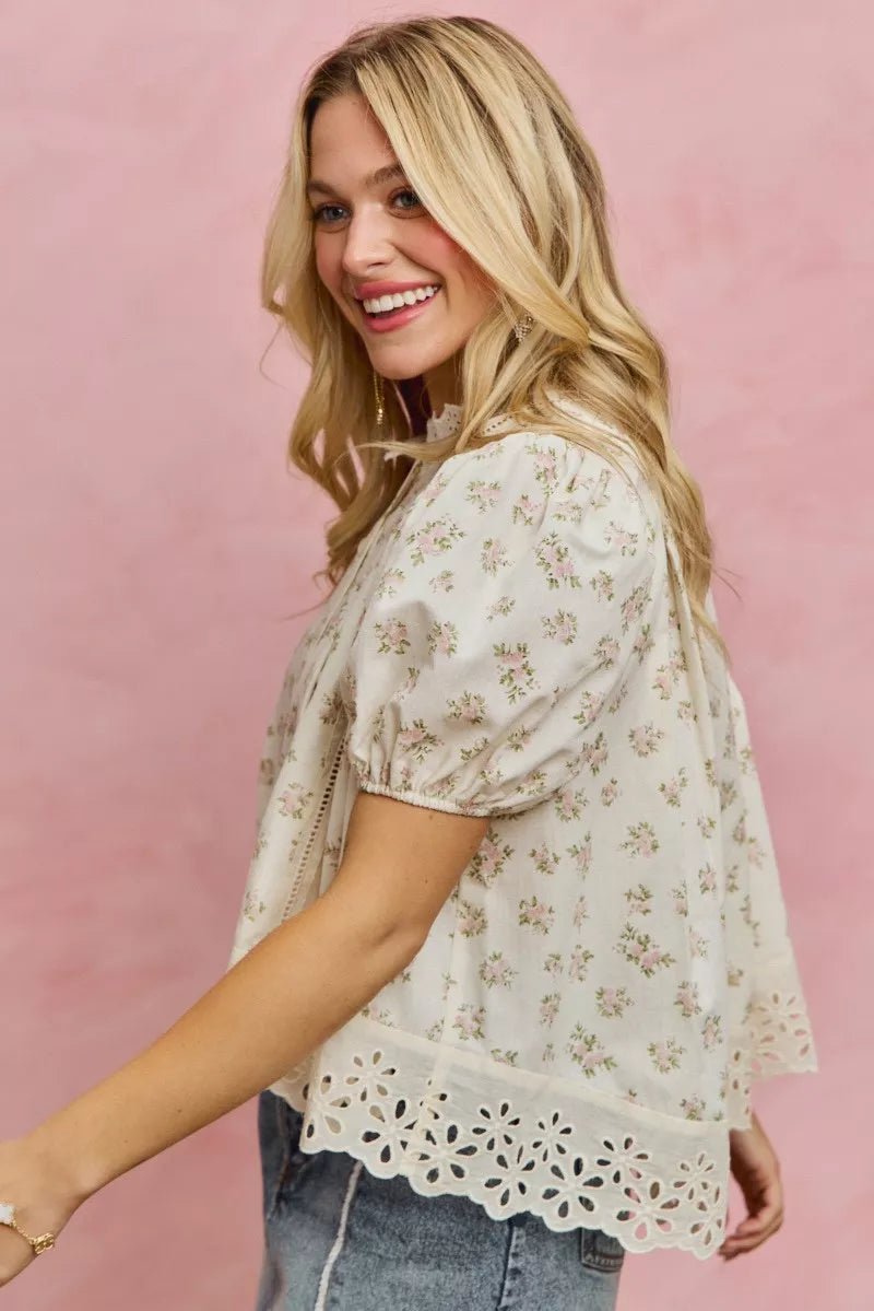 Floral Print Lace Trim Blouse - 