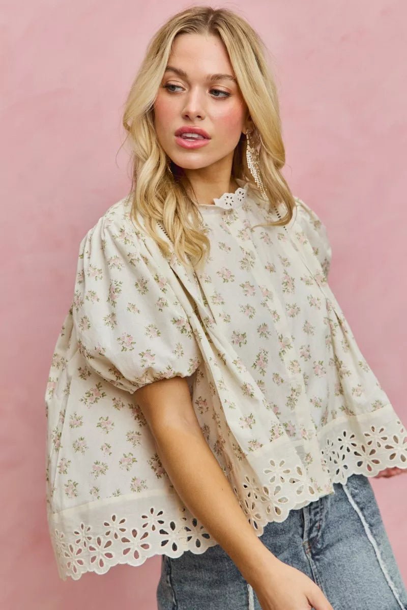 Floral Print Lace Trim Blouse - 