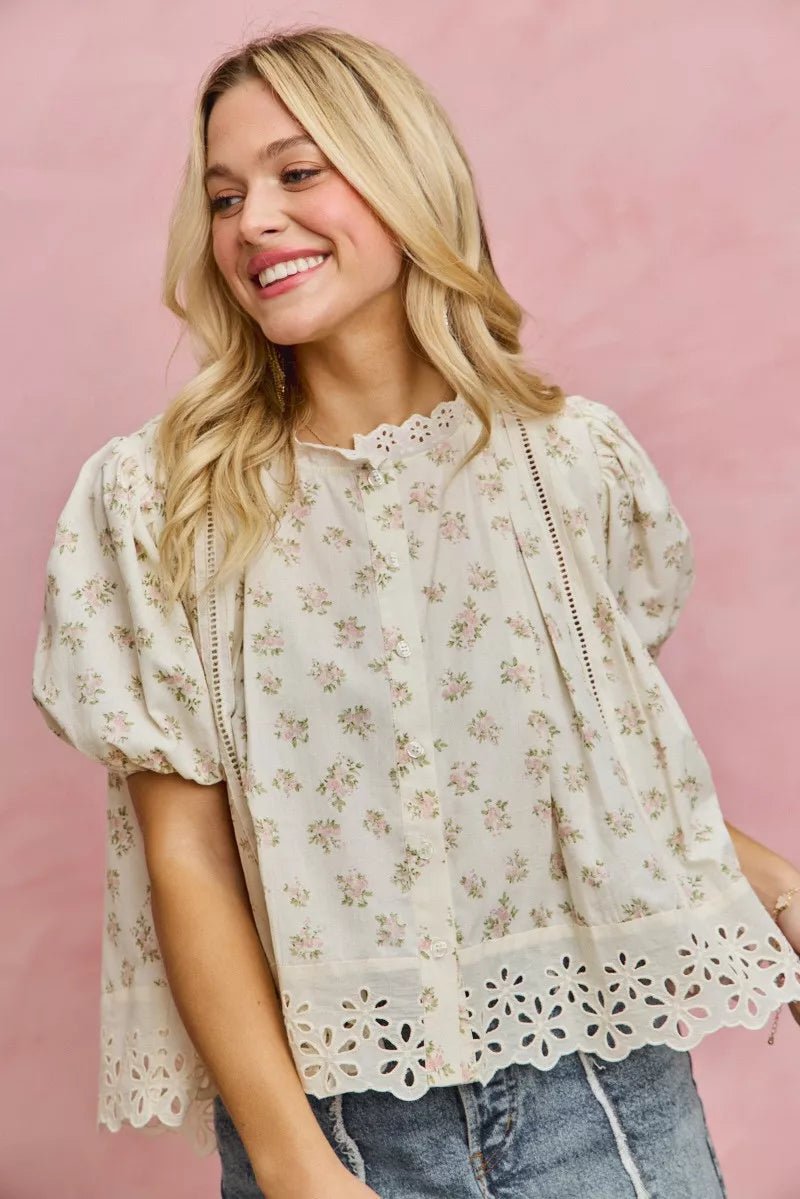Floral Print Lace Trim Blouse - 