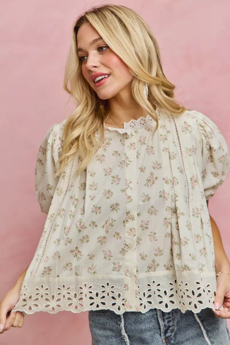 Floral Print Lace Trim Blouse - 