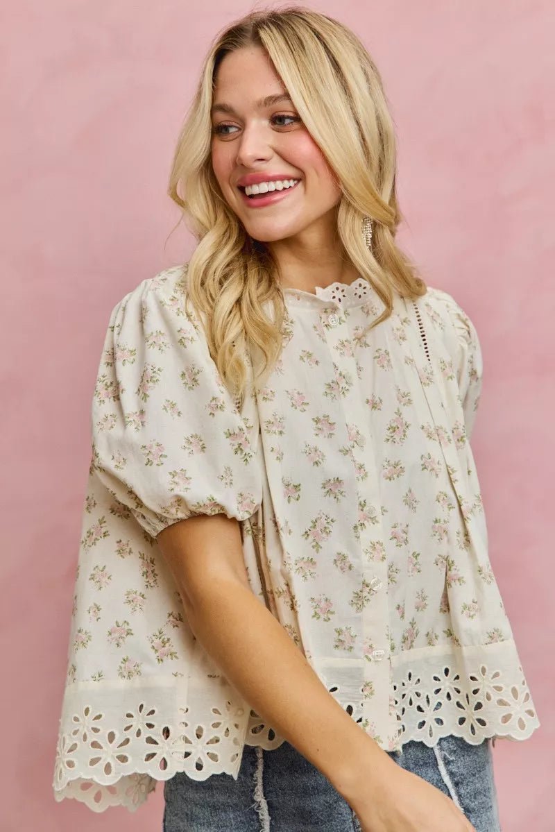 Floral Print Lace Trim Blouse - 