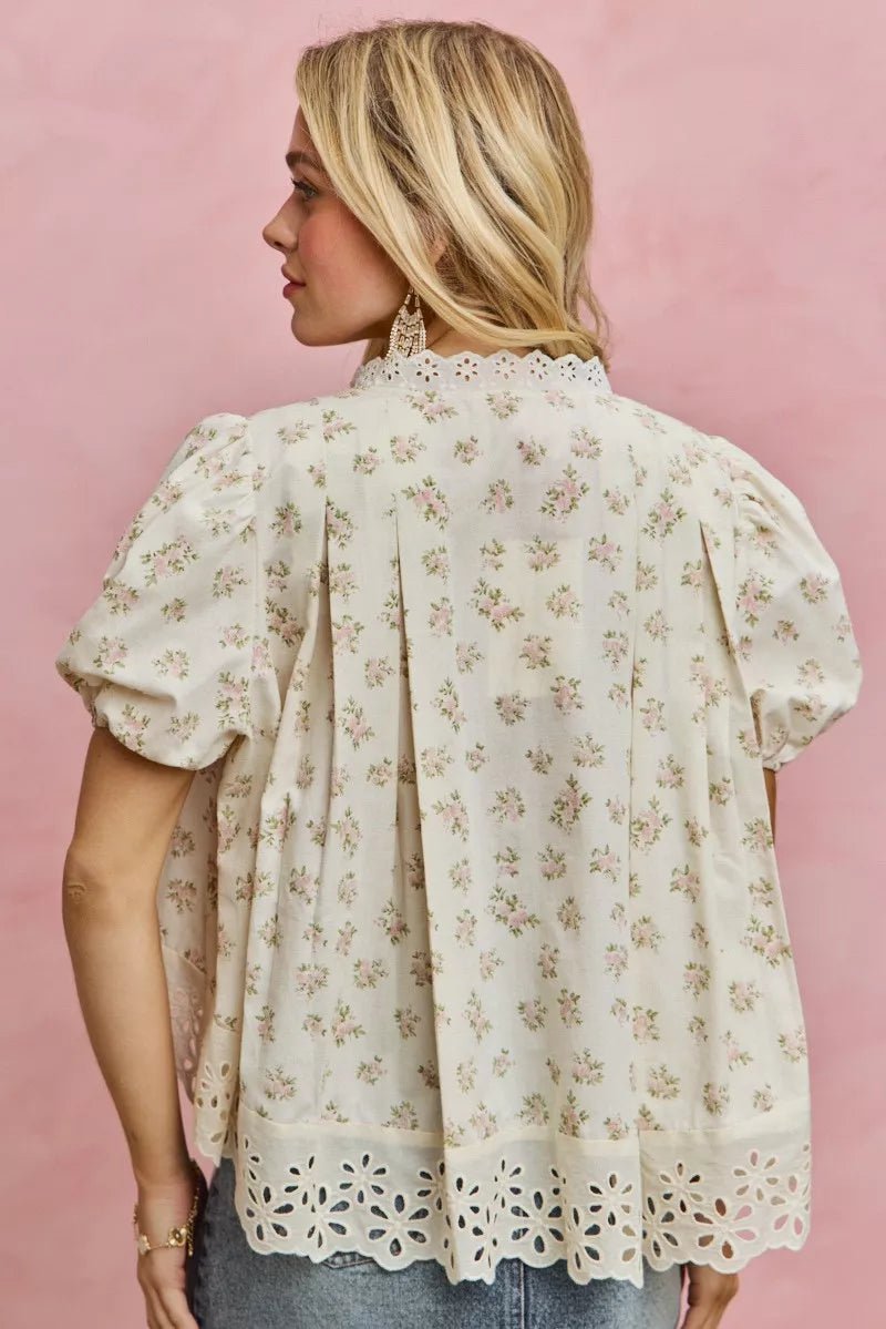 Floral Print Lace Trim Blouse - 