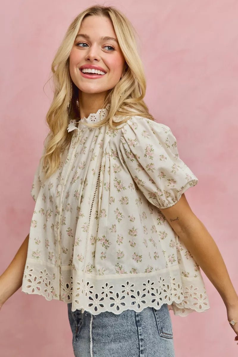 Floral Print Lace Trim Blouse - 