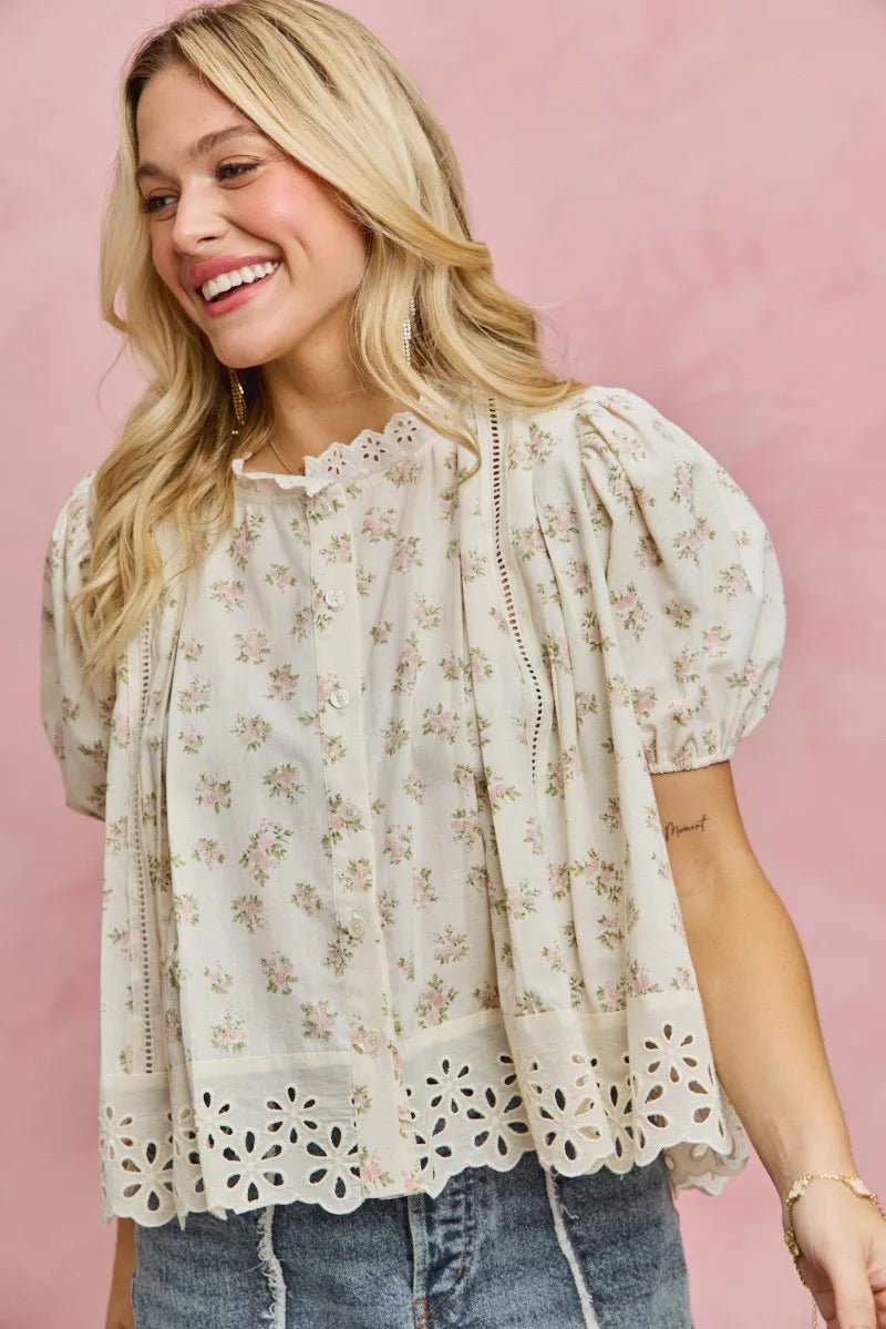 Floral Print Lace Trim Blouse - 