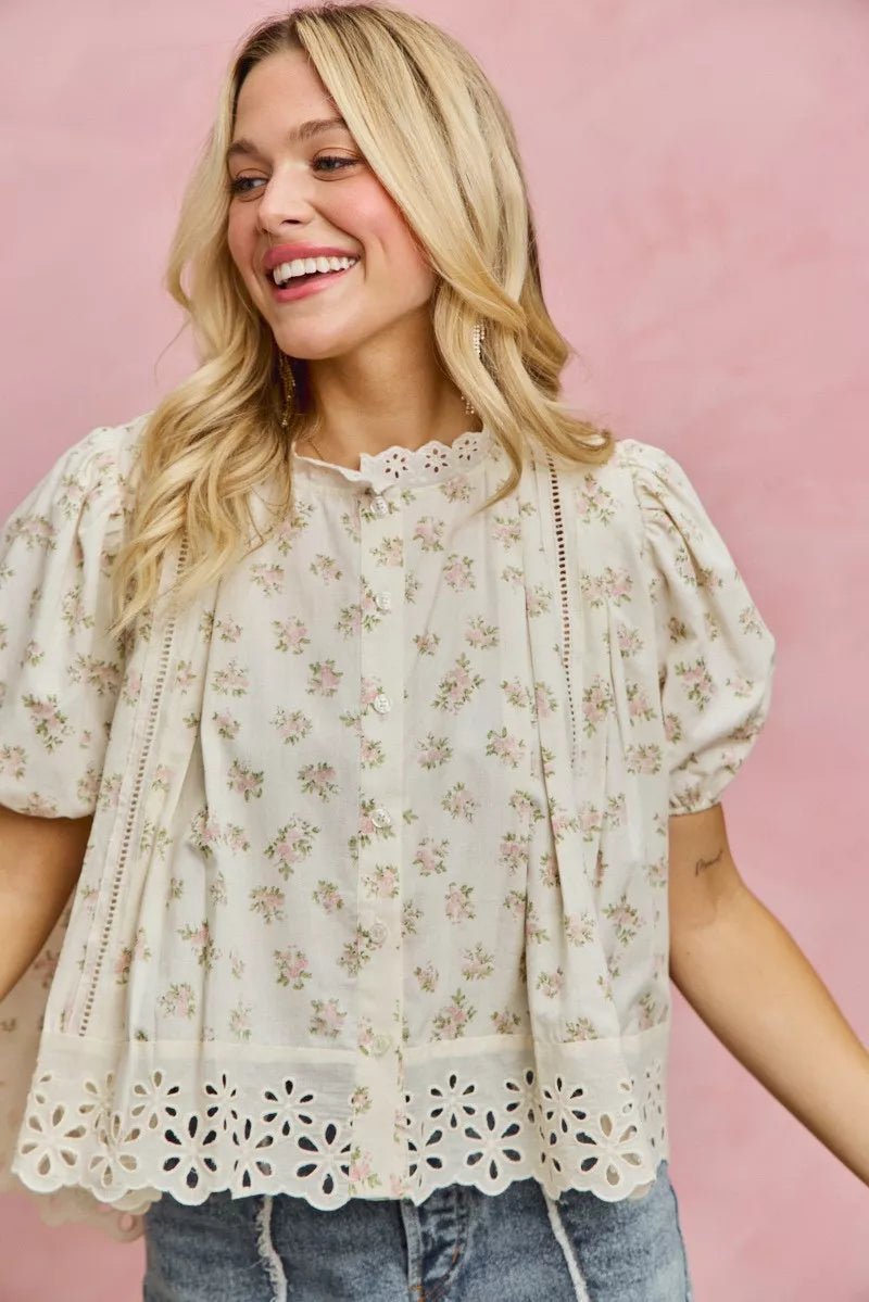 Floral Print Lace Trim Blouse - 
