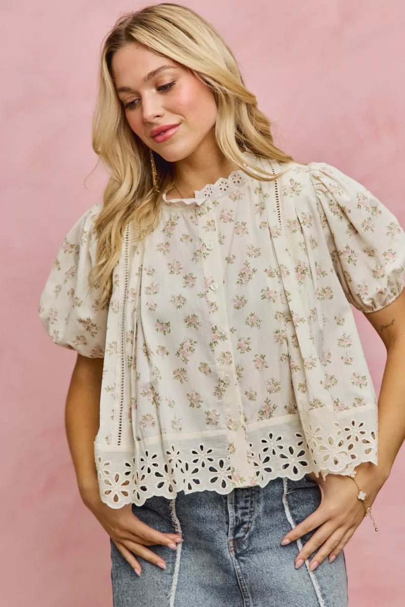 Floral Print Lace Trim Blouse - 
