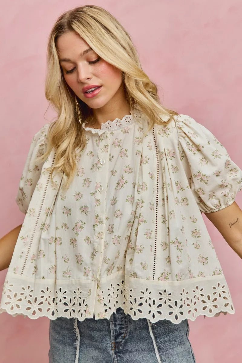 Floral Print Lace Trim Blouse - 