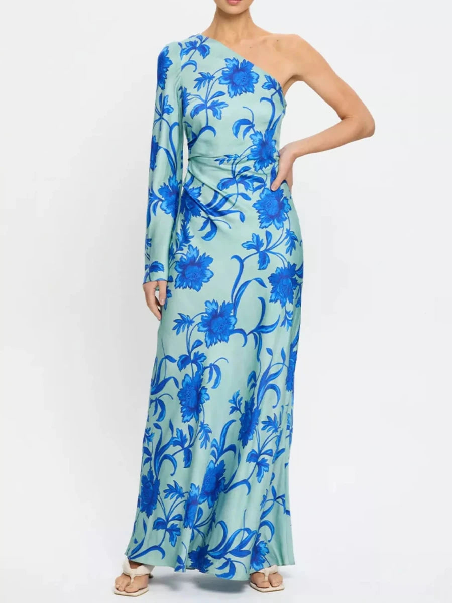 Floral Print One - Shoulder Maxi Dress - 