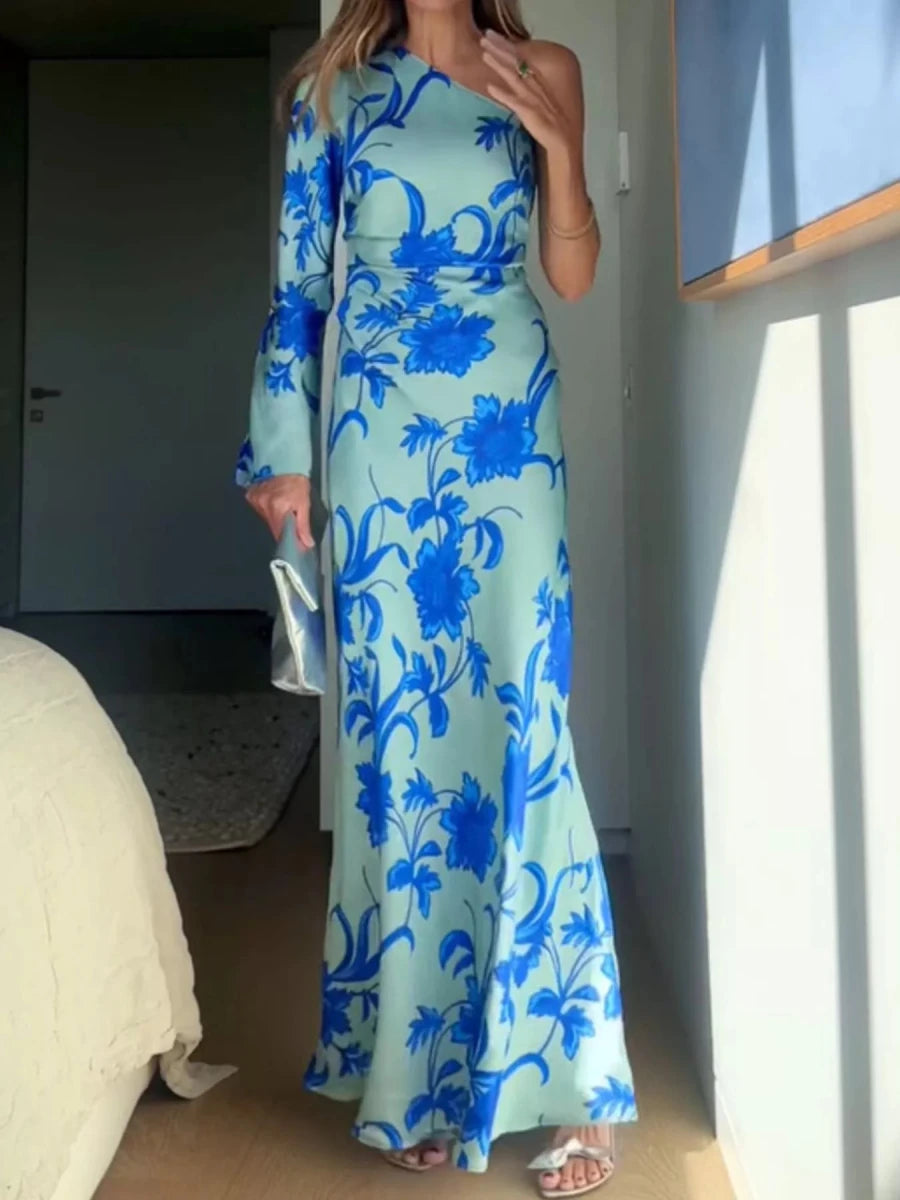 Floral Print One - Shoulder Maxi Dress - 
