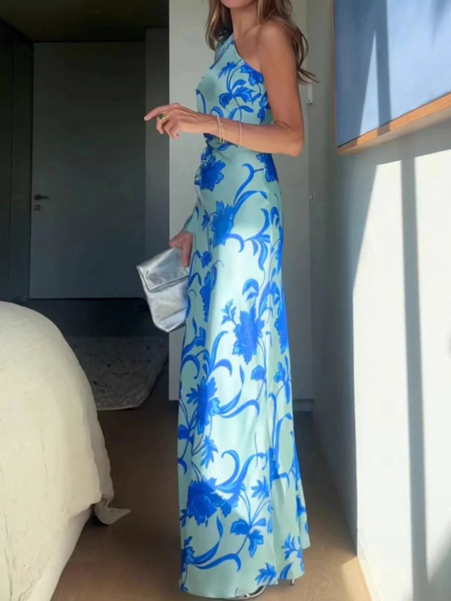 Floral Print One - Shoulder Maxi Dress - 