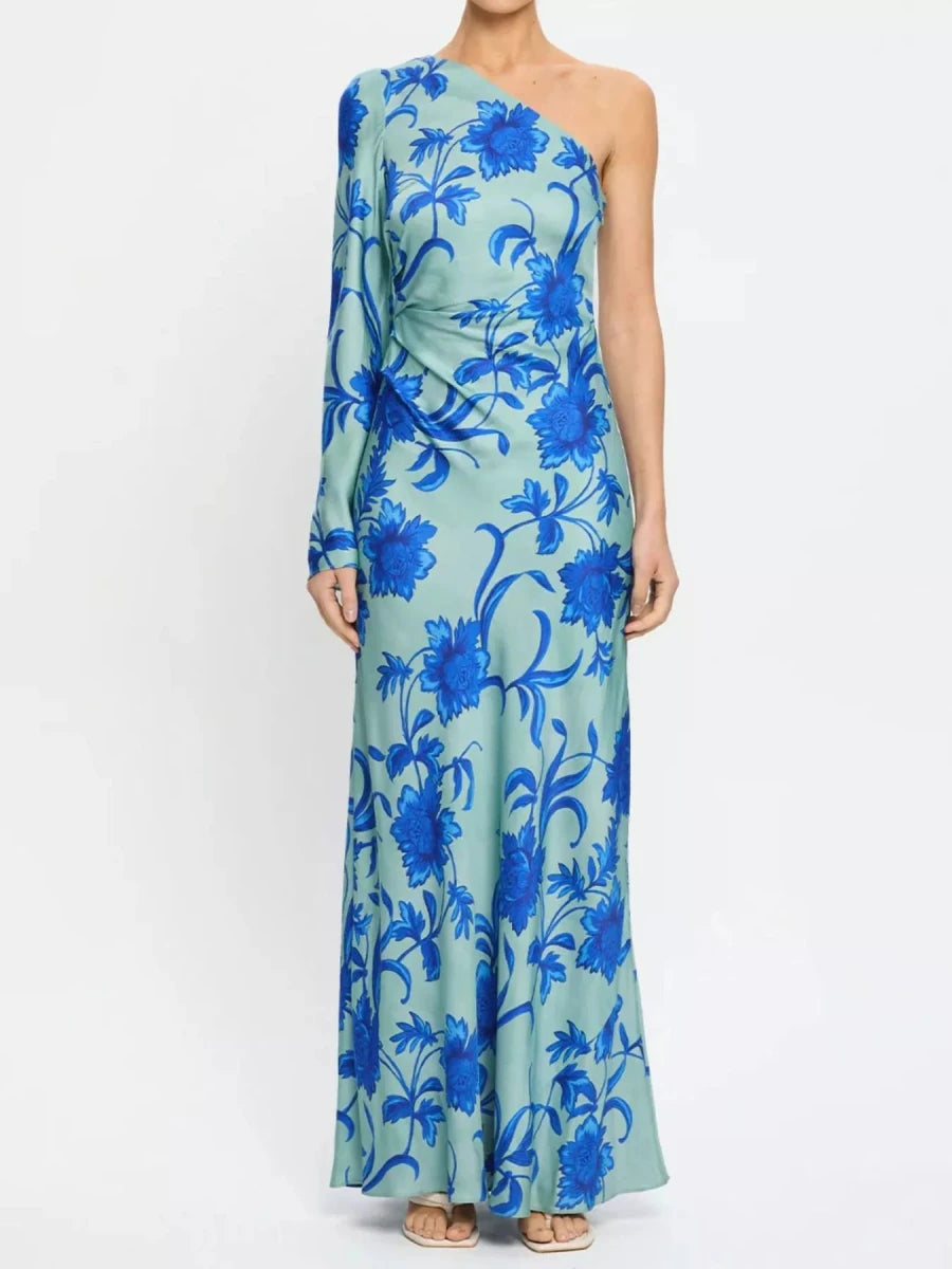 Floral Print One - Shoulder Maxi Dress - 