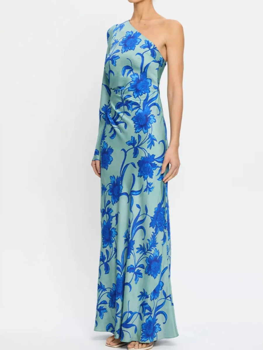 Floral Print One - Shoulder Maxi Dress - 