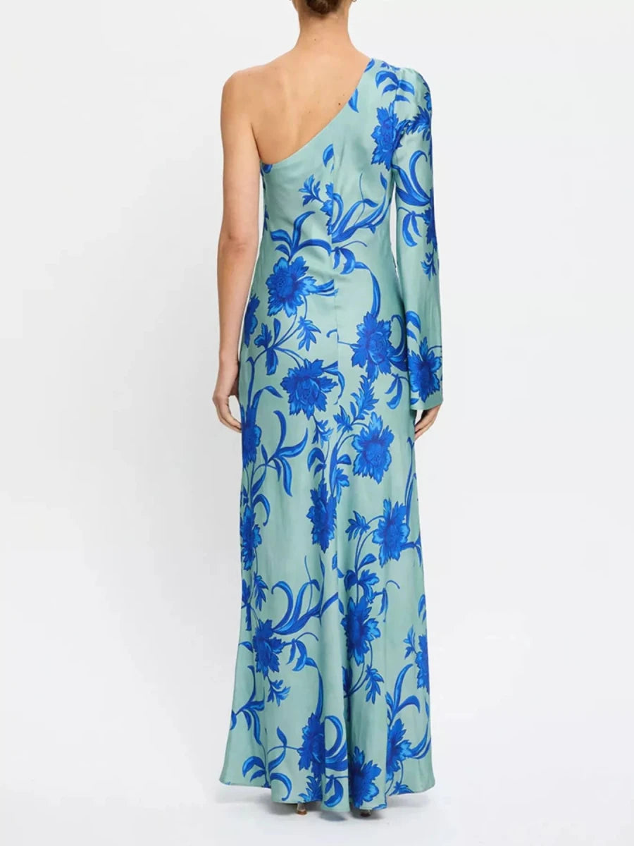 Floral Print One - Shoulder Maxi Dress - 