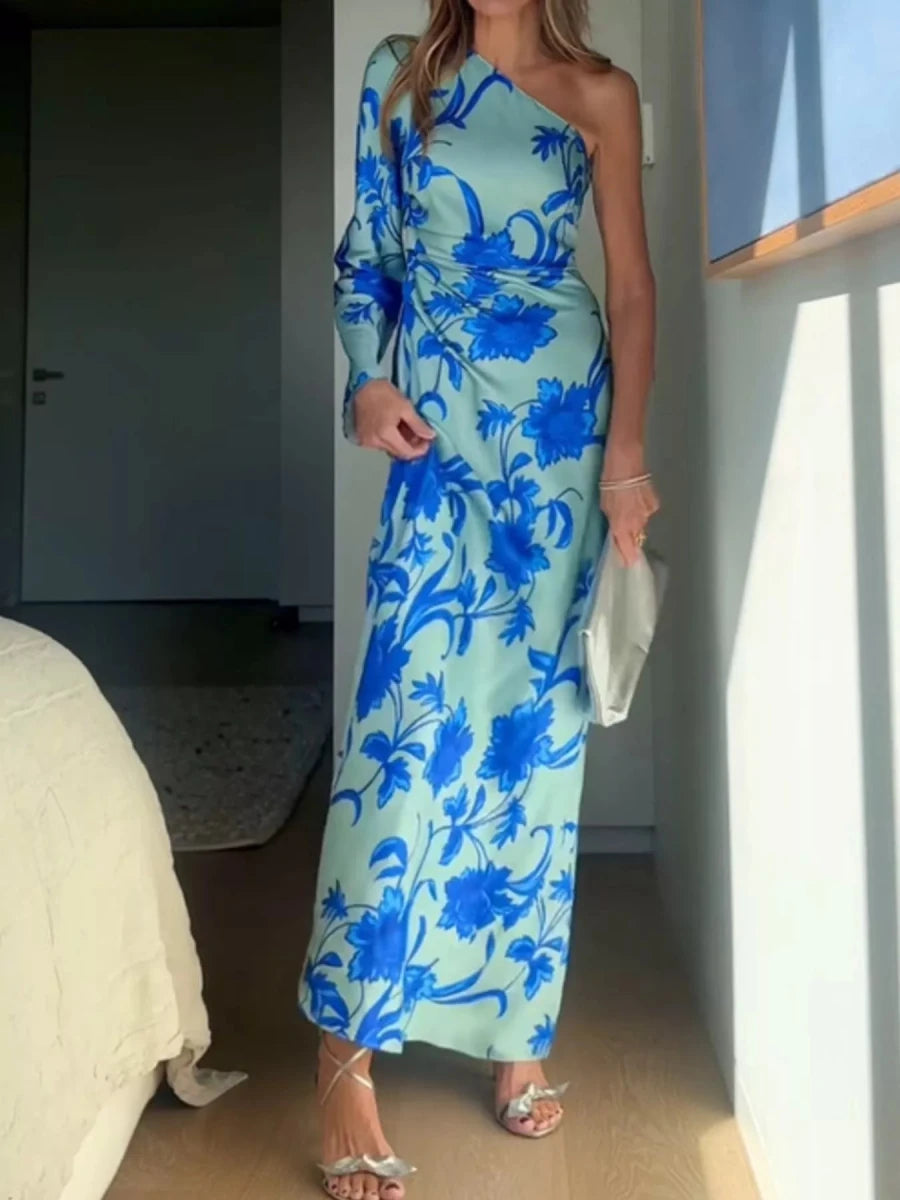 Floral Print One - Shoulder Maxi Dress - 