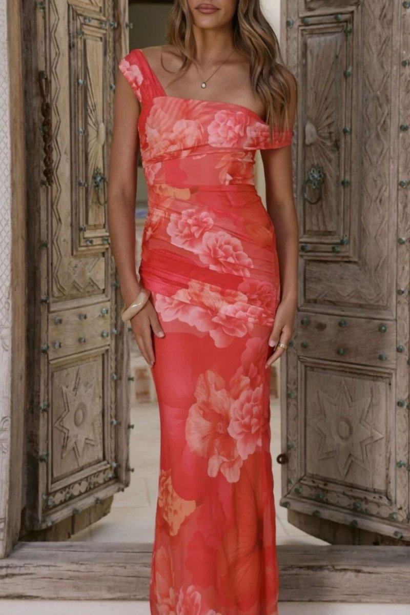 Floral Print One - Shoulder Ruched Maxi Dress - 