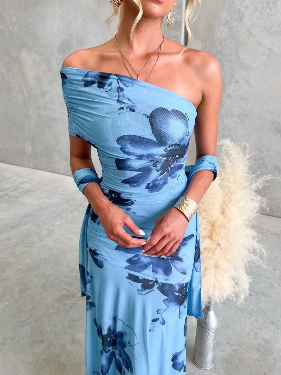 Floral Print One - Shoulder Ruched Maxi Dress - 