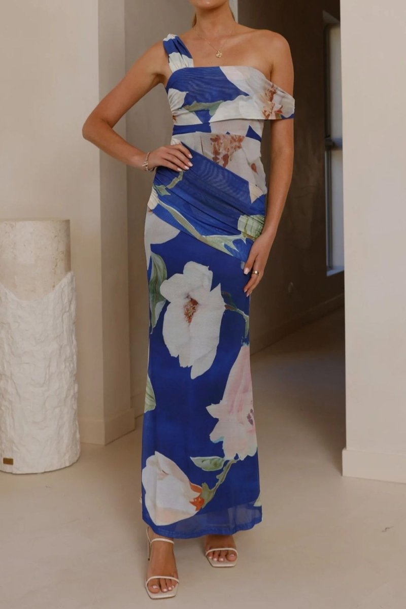 Floral Print One - Shoulder Ruched Maxi Dress - 