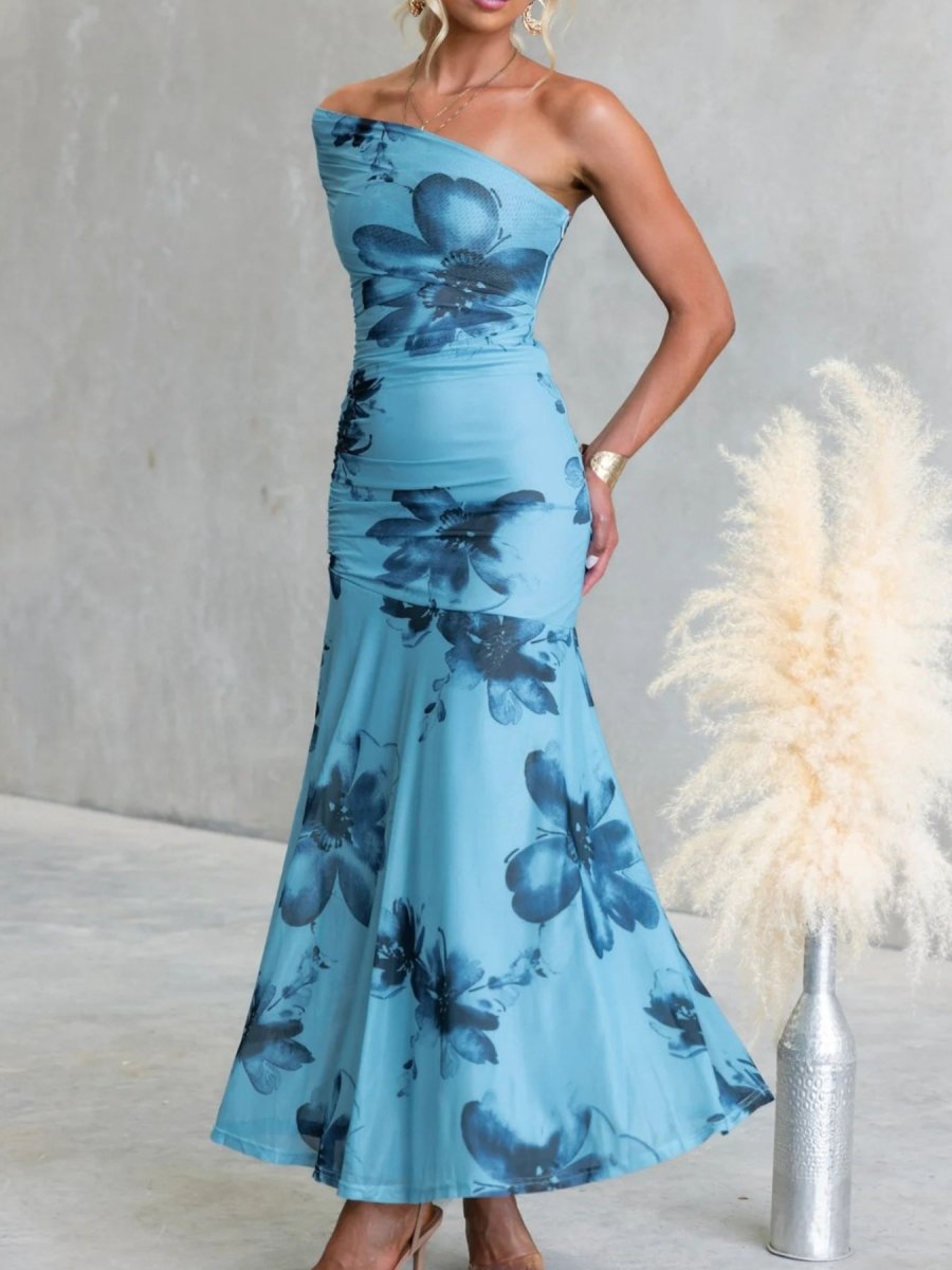 Floral Print One - Shoulder Ruched Maxi Dress - 