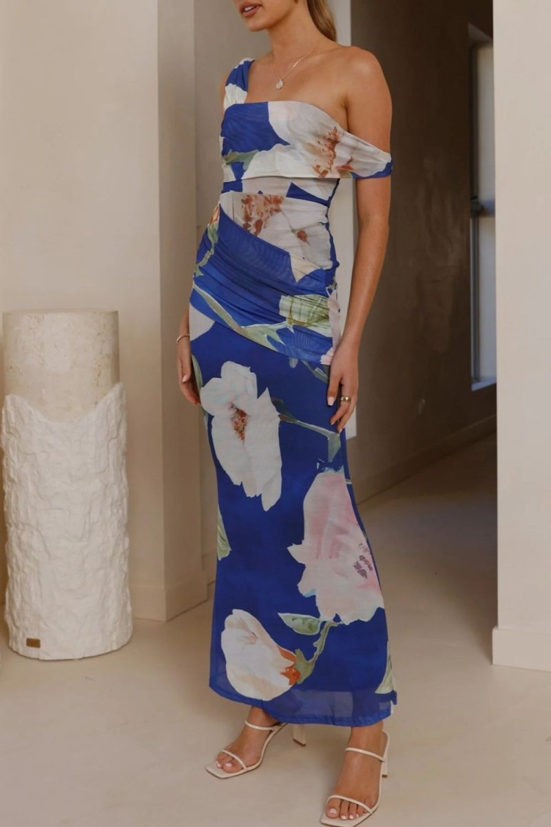 Floral Print One - Shoulder Ruched Maxi Dress - 