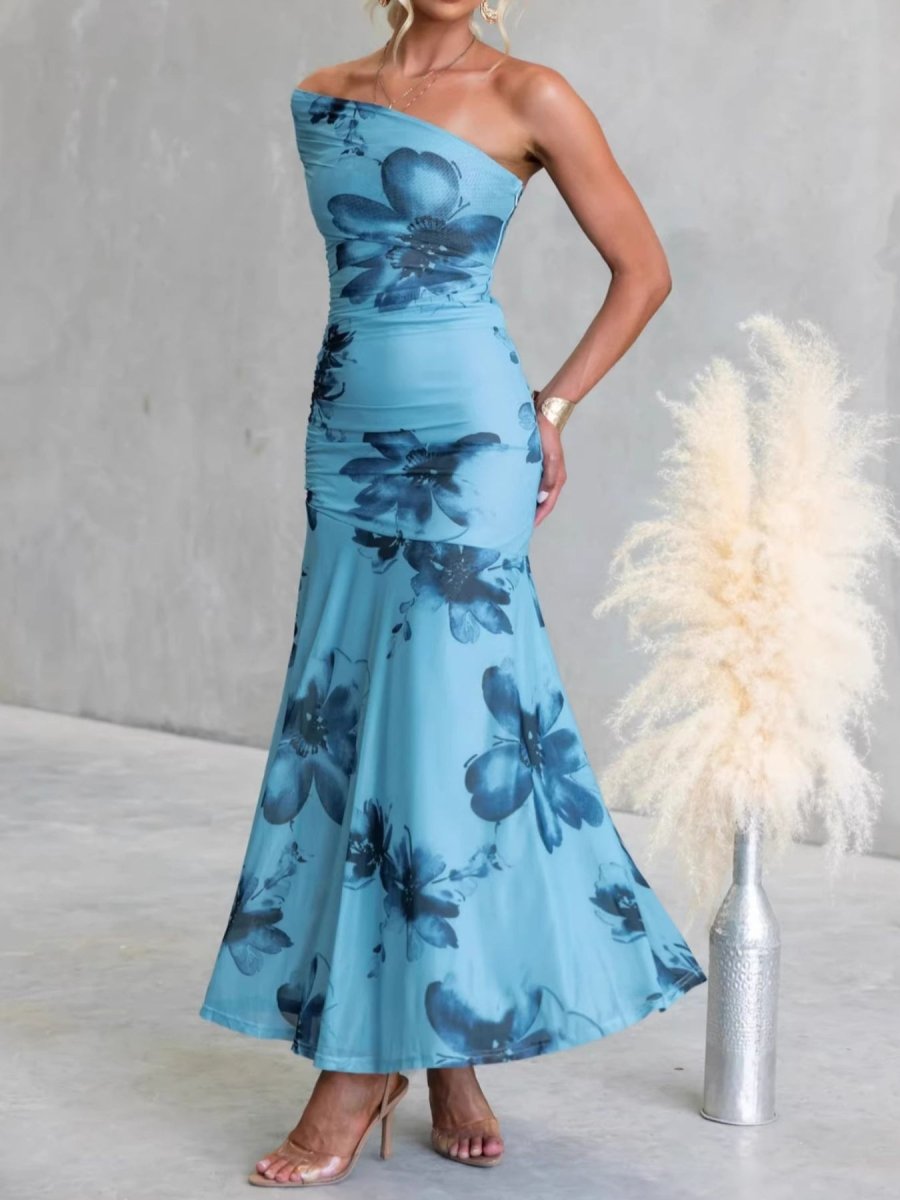 Floral Print One - Shoulder Ruched Maxi Dress - 