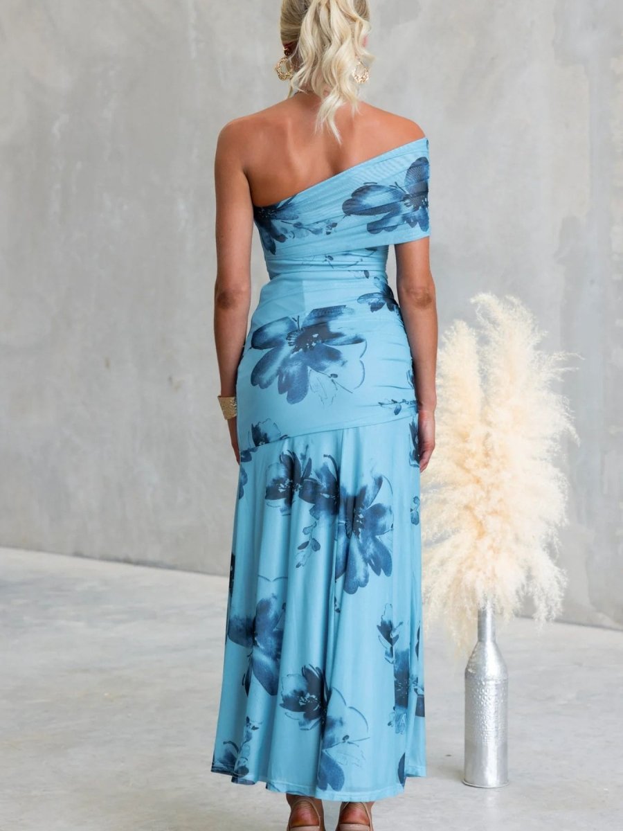 Floral Print One - Shoulder Ruched Maxi Dress - 