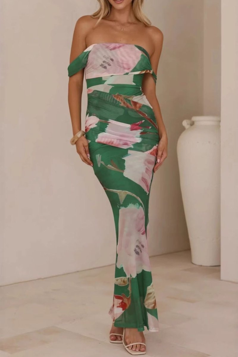 Floral Print One - Shoulder Ruched Maxi Dress - 